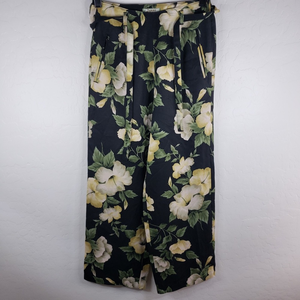 Tommy Bahama Pants Women's 4 Black Floral Silk Side Zipper Belted Hawaiian Pants